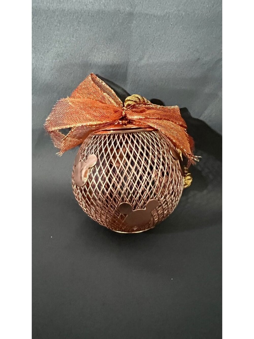 Disney Mickey Mouse Gold Metal Mesh Ornament W/ Orange Bow